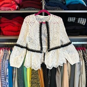 Nylon Apparel white eyelet/black fringe long sleeve open front kimono size S NWT